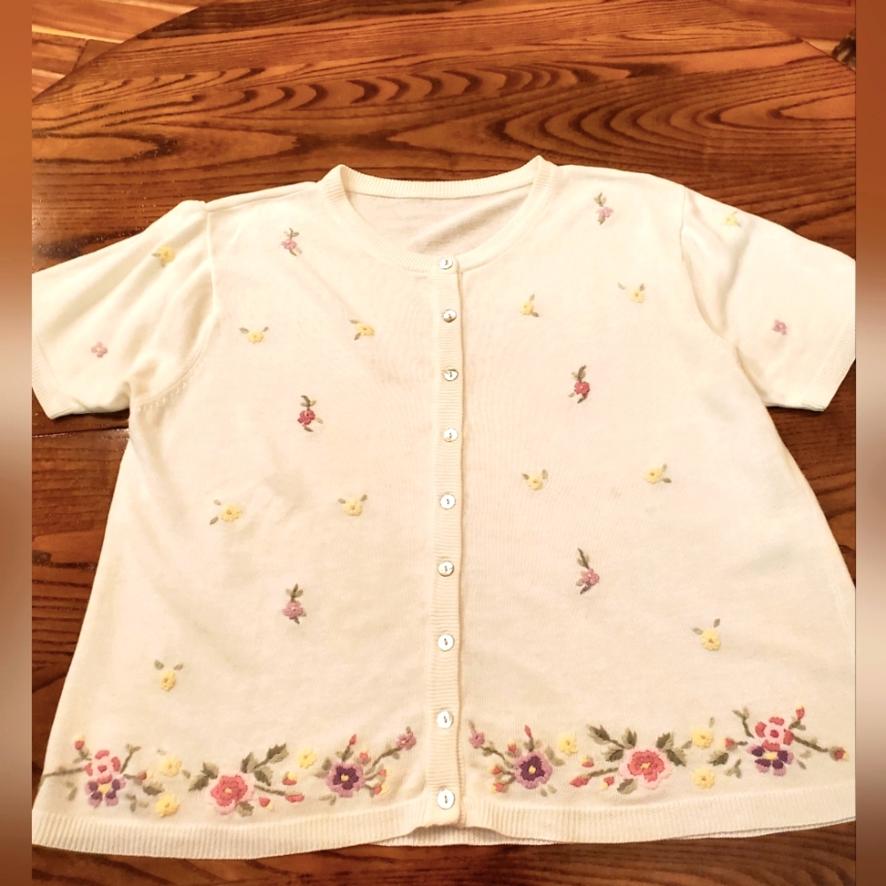 Vintage Cottagecore Embroidered Floral Cardigan Sweet Pastel Grandma Large